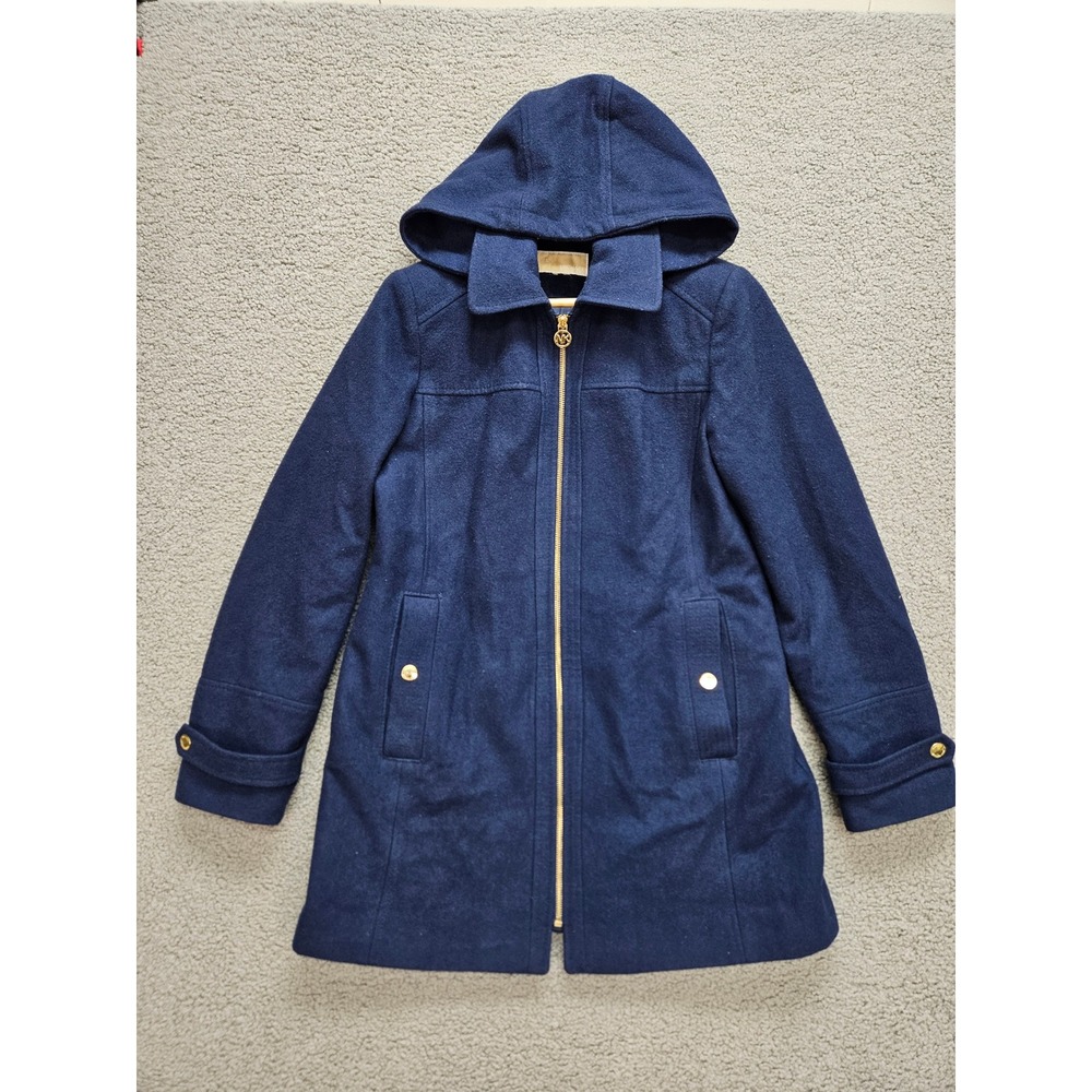 Michael Kors Hooded Wool Blend Coat Navy Blue Gold Zip Winter Peacoat